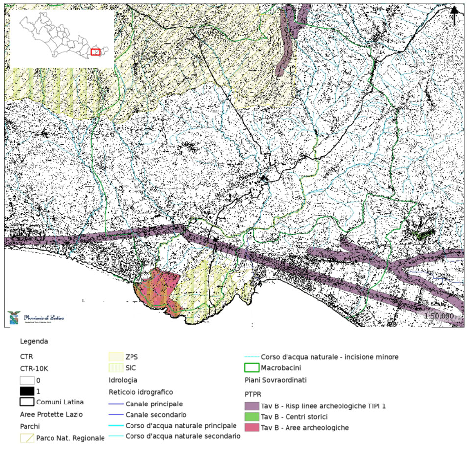 Carta del Macrobacino del Rio Capodacqua – Santa Croce con gli elementi fisici e politici principali (ricomposto dal SIT della Provincia di Latina)
