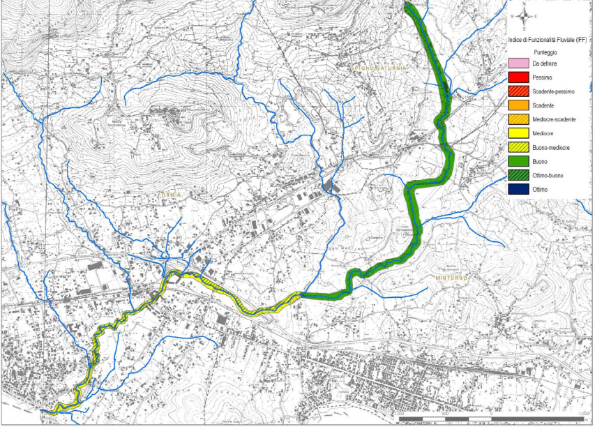 Indice di Funzionalità Fluviale del Rio Capodacqua – Santa Croce (estratto da studio della Provincia di Latina); notare la differenza della classe buona del tratto superiore e quella tendenzialmente mediocre del tratto inferiore.